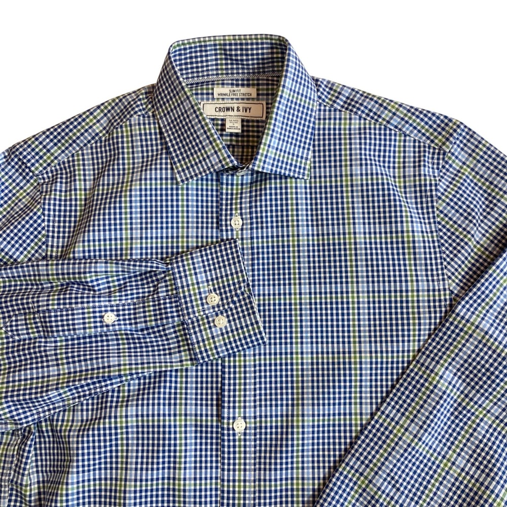 Crown & Ivy Men S 14-14.5 32/33 Slim Fit Wrinkle Free Stretch Gingham Blue Green